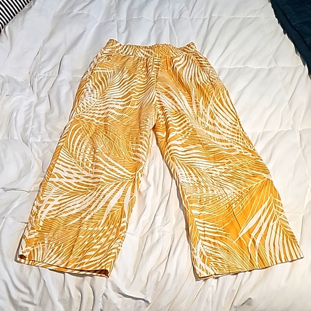 NWT Panarama Jack's Palm Print Yellow Linen Wide Legged Summer Pants - Picture 3 of 7